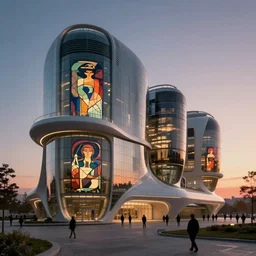 exterior shot of utopian architecture laboratory with cinematic lighting by zaha hadid and renzo piano, darek zabrocki and greg ruthkowski, alphonse mucha, simon stalenhag, cinematic, deus ex!!!!, scifi, futurism, atmospheric, sunset, concept art, artstation, trending on artstation