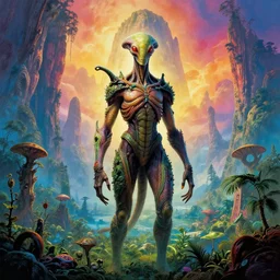 exquisite, imaginative alien creature poster art, humanoid, lush alien landscape, tall mountain, colourful movie art, by lucusfilm weta studio tom bagshaw james jean frank frazetta, muca, james gurney