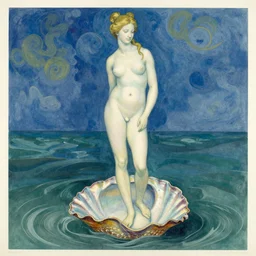 by kim keever, by isaac cordal, by marc chagall. the print of the moment when the goddess venus is born from the sea. she is shown standing on a giant clam shell, with her long, flowing hair blowing in the wind. the print is full of light & color, & venus looks like she is about to step into a beautiful, bright future.