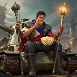 portrait of a filipino man sitting on a tank holding a scepter and eating popcorn, unreal engine, fantasy art by randy vargas global illumination, radiant light, detailed and intricate environment by greg rutkowski