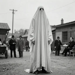 scary unproportionable tall ghost creature in the in the background of a film set, 1900s picture