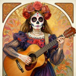 realistic detailed painting of a cute Día de los Muertos girl playing guitar by Alphonse Mucha Ayami Kojima Amano Charlie Bowater, masterpiece