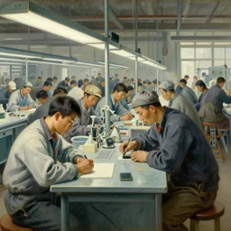 renaissance oil painting of exploited chinese workers in an iphone manufacturing plant