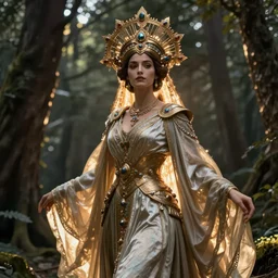 queen of the last forest, by Annie Swynnerton and Nicholas Roerich and jean delville, strong dramatic cinematic lighting , ornate headdress , flowing robes, lost civilizations, smooth, sharp focus, extremely detailed