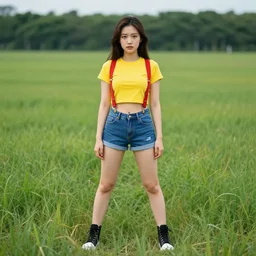misty from pokemon, wearing a yellow crop top and blue denim shorts with red suspenders on top, standing in a field, by gottfried helnwein, dslr full body portrait, sigma 8 5 mm f / 1. 8