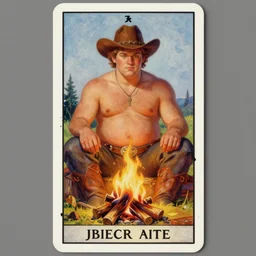 an ethereal tarot card painting of a shirtless handsome! goofy cowboy with a chubby build and beer belly sitting at a serene campfire | cans of beans and jugs of whisky | tarot card, art deco, art nouveau | by Mark Maggiori | trending on artstation