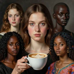 spanish beauty portrait capuccino by lisa frank, mahmoud sai, malika agueznay, paolo uccello, pauline haynes, sonia delaunay, by wangechi mutu, wlop, yoshitaka amano