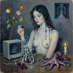black drips, portrait of a female art student, sensual, smashed scientific glassware, oscilloscope, x - ray, wilted flowers, squashed berries dripping, octopus, candlelight, neo - impressionist, surrealism, acrylic and spray paint and oilstick on canvas