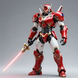 a cyborg knight wearing space armor and holding a laser lance, cyberpunk, futurustic, red white and gold color scheme, film still, arriflex 35, high detail