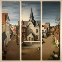 « escher and ( hieronymus bosch ), 3 6 0 panorama and ( three point perspective ), focus and ( gaussian blur ), warm tone and ( cold tone ) »
