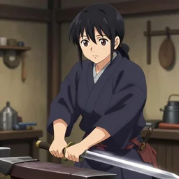character portrait of a blacksmith tomboy making a sword at the smithy, hidari, color page, tankoban, 4K, tone mapping, Akihiko Yoshida.