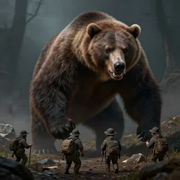 giant grizzly monster terrorising a group of 4 small poachers, dark fantasy, dnd, extremely detailed, sharp focus, smooth, matte painting, concept art, vaporwave style, chiaroscuro, trending on artstation