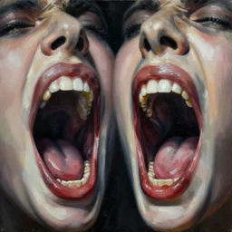 abstract mouths ( no faces ) screaming, low contrast painting, hdr, very dramatic, studio lighting, 3 5 mm, f. 1 4, ultra realistic, by gerardo dottori, oil on canvas
