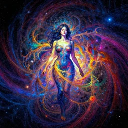 an abstraction of the eternal fractal nature of infinite time, deeply in the cosmos, a beautiful woman in the stars, the meaning of life, by Andreas Rocha and Paul Lehr and Peter Gric, brilliant colors, volumetric s, vivid, scary