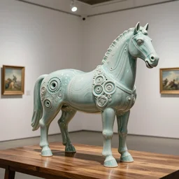 beautiful gallery show studio photograph of a giant realistic round biomechanical ceramic sculpture of a plough horse, fractal 3 d structure, celadon glaze, placed on a polished wooden table, colorful hyperrealism 8 k trending on artstation