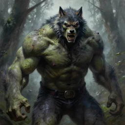 frazetta hulked oversized scary rugged horror wolf werewolf concept art medium close up shot in deep forest, mist, overcast, oil painting by frank frazetta by greg rutkowski