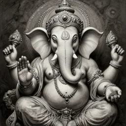 Ganesh, digital painting, lots of details, extremely detailed, 4k, intricate, brush strokes, Artgerm, Saturno Buttò, Hsiao-Ron Cheng