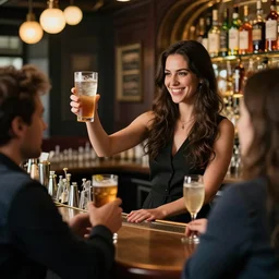 irish bar in philadelphia. attractive dark brown long haired bartender serving drunk patrons