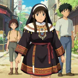 a beautiful! plus sized instagram model, wearing catholic school girl outfit with mayan pattern and native style, jrpg aztec street fashion, gapmoe yandere grimdark, trending on pixiv fanbox, painted by greg rutkowski makoto shinkai takashi takeuchi studio ghibli, akihiko yoshida