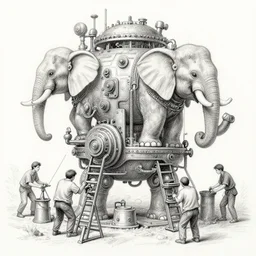 pencil sketch of men working on a gigantic steampunk machine that creates robot elephants, art station
