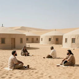 prison camp full of rich people in the desert, realistic 3 5 mm photo