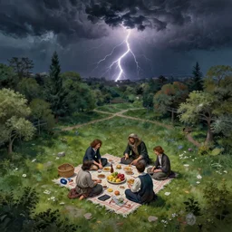 a detailed illustration of a god ruining a picnic in the park, nightmare in the park, calamity, dark storms with lightning, ultrawide lens, aerial photography, natural disaster, 8 k, art by rembrandt and claude monet and van gogh