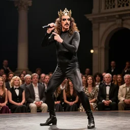 Frank Zappa in a leotard and a crown performs the role of Richard III in award-winning modern dress production of Richard III in front of a live audience, action shot