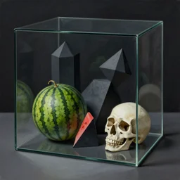 tania marmolejo imagines a still life painting made of geometric forms and shapes in a dark material, fruit, watermelon and a skull, organized in a joseph cornell box, poetic meaning, glass render, smooth style