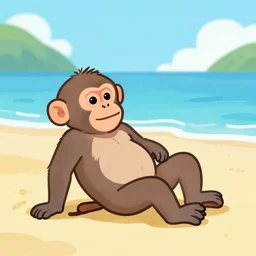 an albino monkey relaxing on the beach, kid draw style