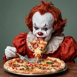 A still of Pennywise eating a pizza, 4k, photograph, ultra realistic, highly detailed, studio lighting