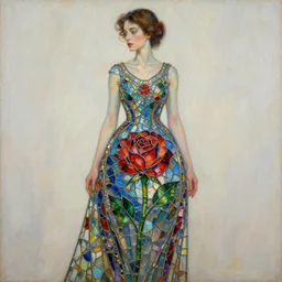 beautiful woman wearing a dress made from stained glass in the design of a rose. painting by artgerm and greg rutkowski and ilya kuvshinov paul lerh