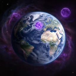 a detailed matte painting of a marble - like water planet with continents orbiting a large purple sun in a sea of stars surrounded by colorful swirling gas clouds, by alena aenami, petros afshar and greg rutkowski trending on artstation, deviantart, planet, clouds, earth, exoplanet, stars, nubulae hubble, 8 k, 4 k