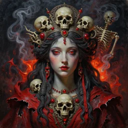 Persephone, queen of the underworld, oil on canvas, symmetrical features, ominous, magical realism, texture, intricate, ornate, royally decorated, skull, skeleton, whirling smoke, embers, red adornements, red torn fabric, radiant colors, fantasy, trending on artstation, volumetric lighting, micro details, 3d sculpture, ray tracing, 8k