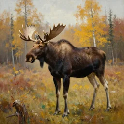 proud hunter autumn landscape, moose, oil painting masterpiece by thomas fearnley