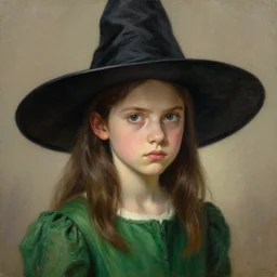 a portrait of a thirteen year old girl with brown hair and a stern expression. she is wearing a green dress and a black pointed witch hat. beautiful painting with highly detailed face by greg rutkowski and raymond swanland