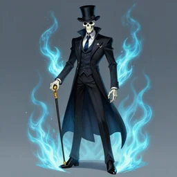 DND character concept, Tall skeletal figure, wearing a deep black suit!!! and tie and top hat, holding a golden cane. Surrounded by light blue!!! flames!!
