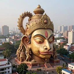 high quality 3 d dreamscape! mumbai with biomorphic hanuman!! head building, kalighat highly detailed, unreal engine cinematic smooth, stephen shore & john j. park, soft morning light, wide shot, high angle, uhd 8 k, deep focus