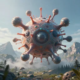 a gigantic bio cells stands in front of a mountain. digital art, octane renderer. cgsociety, soft light