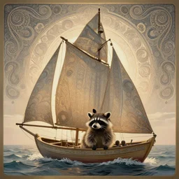 [ palate ] [ muted colors ] sublime psychedelic raccoon in a boat, sailboat in rough seas, paisley skies, backlit, sunrise, refracted lighting, outdoors, paisley patterned clouds in the sky, elegant, 8 k resolution, intricate and fine details, award wining composition, photorealistic illustration, artstation, mario martinez, alphonse mucha
