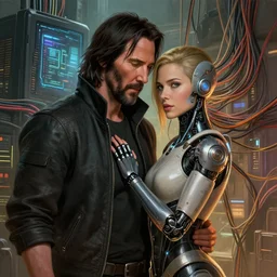 a highly detailed photorealistic cyberpunk 2077 couple portrait of  Keanu Reeves  and  female android,lots of electric cable behind,connected to giant computer,couple pose,love,fantasy, intricate, elegant,by Alex Horley and Greg Rutkowski,artstation,deviantart,FAN ART,Unreal Engine,Digital painting,face enhance,8K,golden ratio,cinematic lighting
