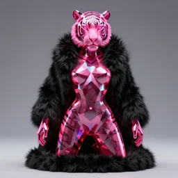 photo of baroque and bladerunner geometric neon ruby sculpture of seductive aroused albino king adrien sahores tiger pink iridescent humanoid deity wearing black fluffy hoody holding diamond skull in a black metallic dungeon, reclining, glowing rainbow face, crown of white diamonds, cinematic lighting, photorealistic, octane render 8 k depth of field 3 d