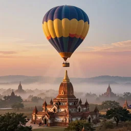 a stunning ultra detailed fantasy fine art illustration of a hot air balloon directly above a burmese pagoda, by gediminas pranckevicius and tomasz alen kopera, foggy, crepuscular rays, artstation, 8 k, deep depth of field, golden hour hues, vibrant colors, hyper realistic