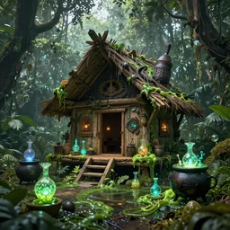 small shack with a steep roof in an enchanted swam jungle, afrofuturism, futuristic, African, mystical, glowing potions, large cauldrons, biopunk, green slime, weird, Bizarre, magical