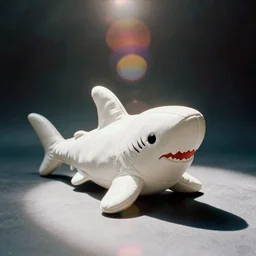 vintage analog product photography of a white leather fat shark, stuffed toy, smiling, studio lighting, film grain, lensflare, color bleed, glare
