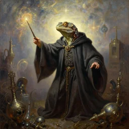 portrait oil painting, a wizard with a lizard head in a wizard cloak, holding a magic wand, casting a spell, ultra realistic, wide angle, intricate details, artifacts, luminous skies, highly detailed, michael cheval, peter mohrbacher, boris vallejo, jessica rossier, oil painting, highly detailed, cinematic lighting