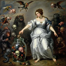 a painting of pandora opening her jar, releasing monsters and critters that impersonate sickness and death, misery, she is fully dressed, in the style of realism and a masterpiece by artemisia gentileschi and egon schiele, critters flying around, the jar is clearly visible