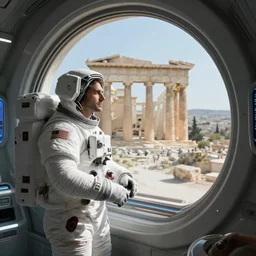 a futuristic sigma male astronaut looking at ancient renaissance athens through a time travel spaceship high - tech luxury window, scifi, by wlop, peter mohrbacher, jakub rebelka, visually stunning, beautiful