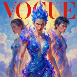 3 d, angry fashion model, flame, liquid blue and violet water, sun, vogue cover style, poster art, high detail, intricate oil painting, multiple exposure, heaven mood, hyperrealism, 3 d, by tooth wu and wlop and beeple and greg rutkowski