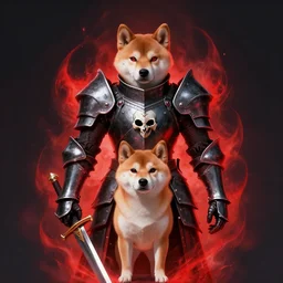 berserk skull knight armor and sword, anthropomorphic shiba inu, red black aura, fantasy, dark, portrait art by donato giancola and greg rutkowski, realistic face, digital art, trending on artstation, symmetry