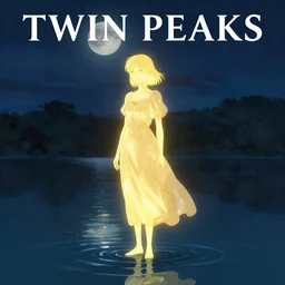 Twin Peaks book movie poster artwork by Tomer Hanuka Rendering of a golden glowing woman in a nightgown standing in a lake at night illuminated by moonlight, full of details, by Makoto Shinkai and thomas kinkade, Matte painting, trending on artstation and unreal engine